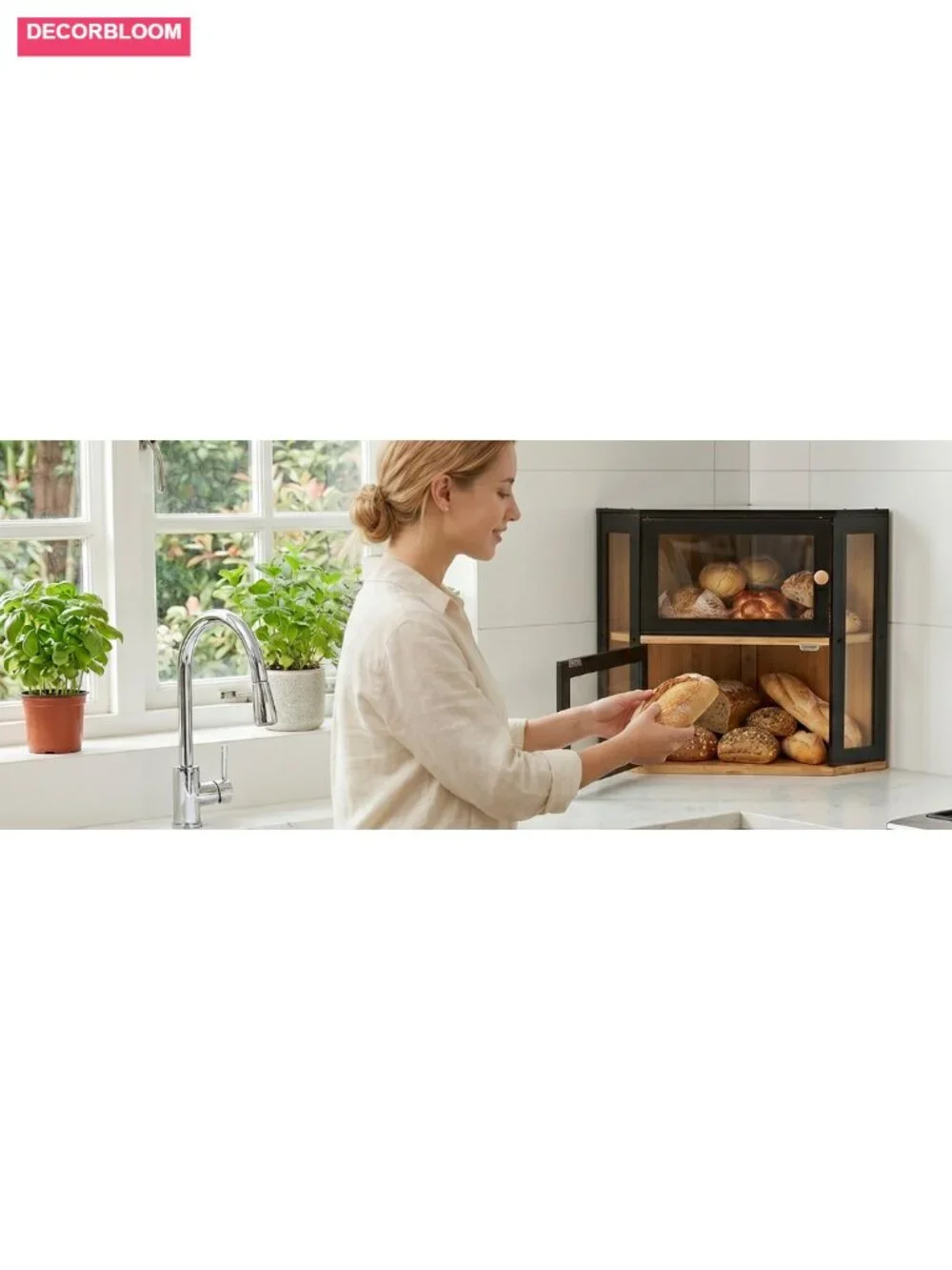 Corner Bread Box, Extra Large Double Layer Bamboo with Acrylic Door for Kitchen